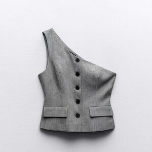 Brand New Zara Gray One-Shoulder Button Down Top